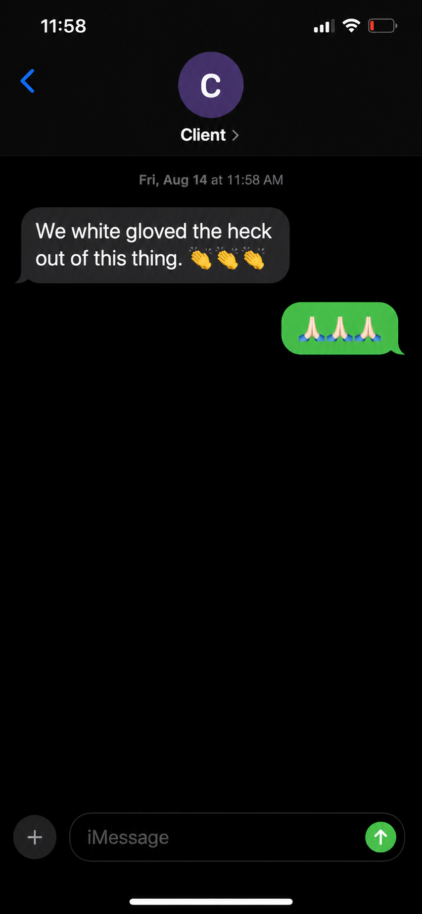 A text message exchange with the program's staff, client name changed to Client